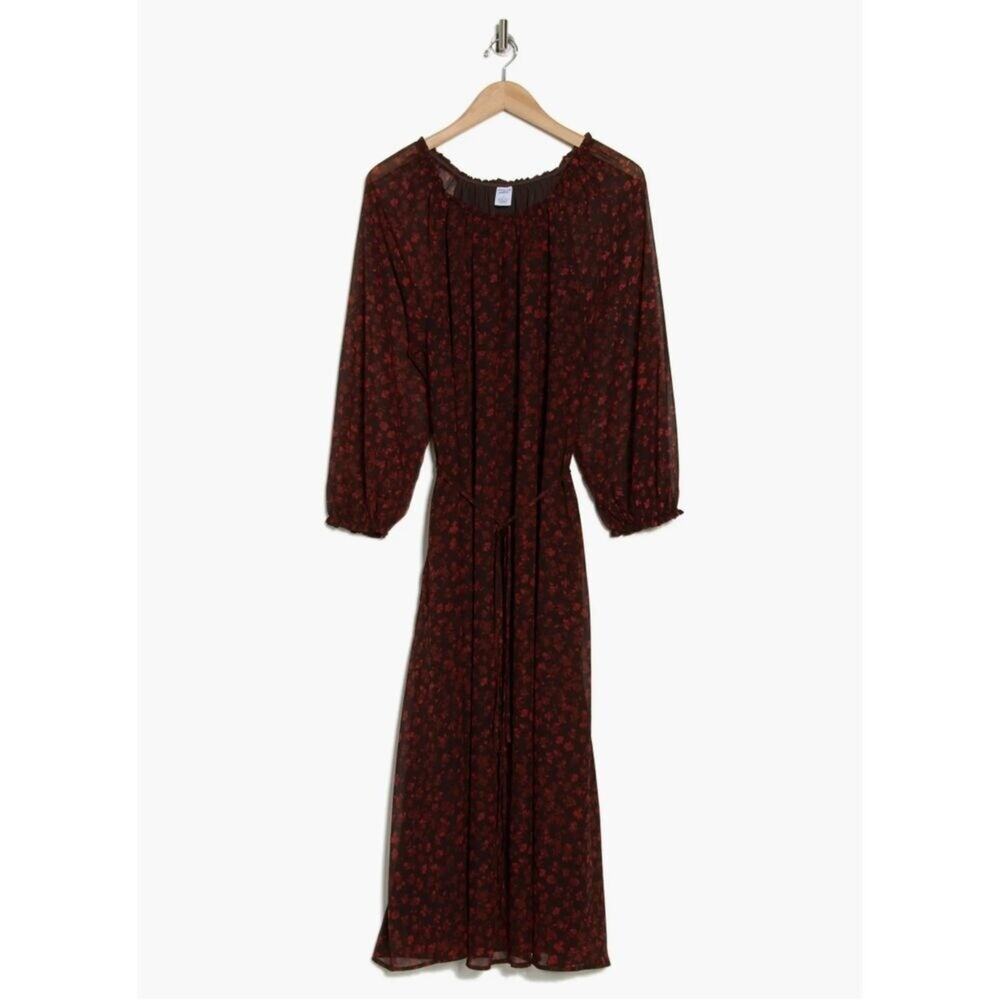 Melrose & Market Floral Long Sleeve Chiffon Maxi Dress Red Size Small NWT